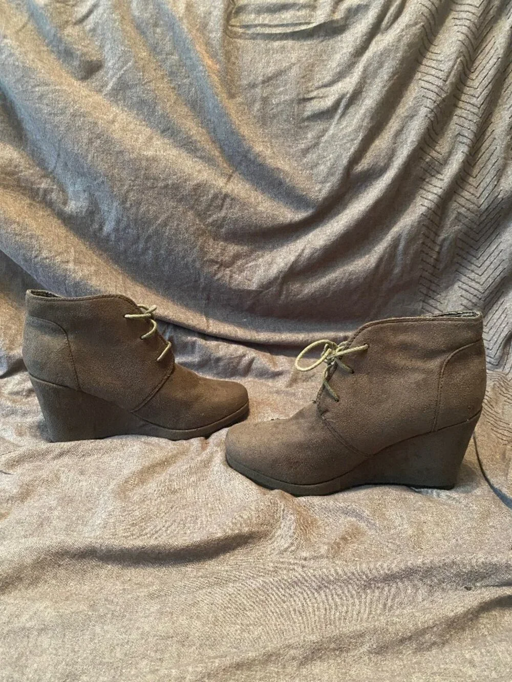 Journey Collection Gray Faux Suede Wedge Ankle Booties